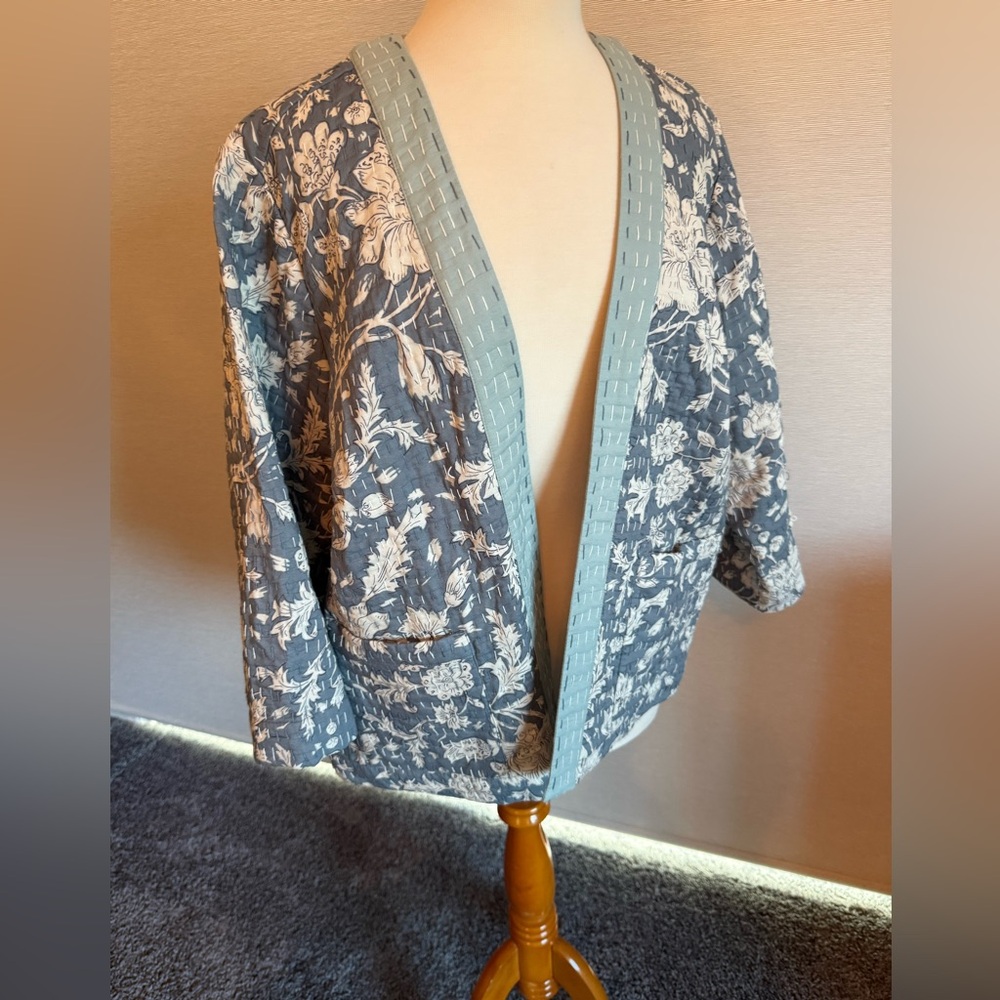 J. Jill Floral Kimono Cardigan with Blue Trim